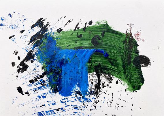 against a white background we see enigmatic black marks, no clear pattern, but also some somewhat leather-like markings in darkish blue; sweeping over these marks is a translucent swipe of dark-green paint, sideways; at right angles to it is a mostly blue, tinged with streaks of white, ‘wave’ rising from below, centred,  curving inwards against the green