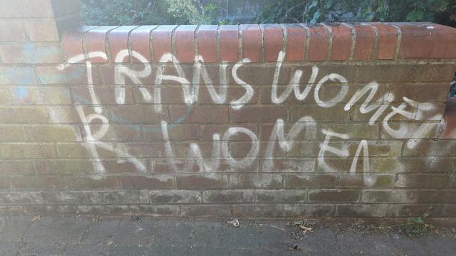 White graffiti sprayed on a low red brick wall, saying "trans women r women"